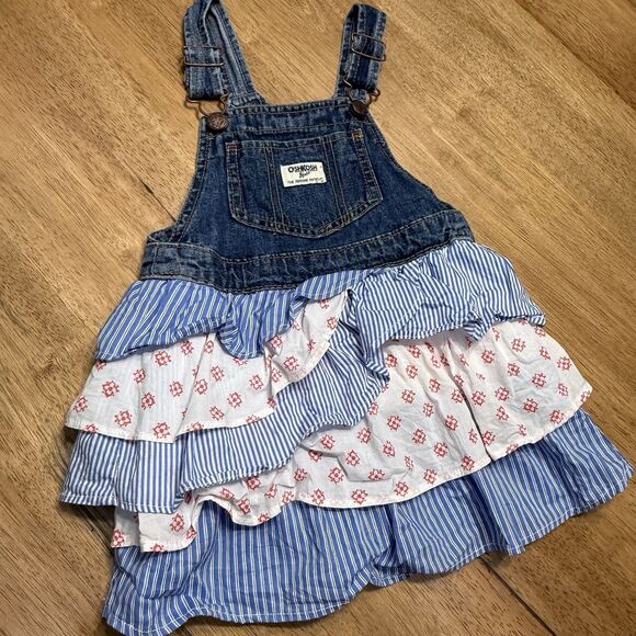 Oshkosh B'gosh 4T Denim Floral Stripe Skirt Tiered Jumper Dress Overall Vestbak - Picture 9 of 9
